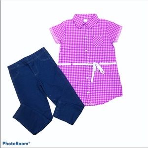 Carter's pink and white gingham belted top with blue denim leggings